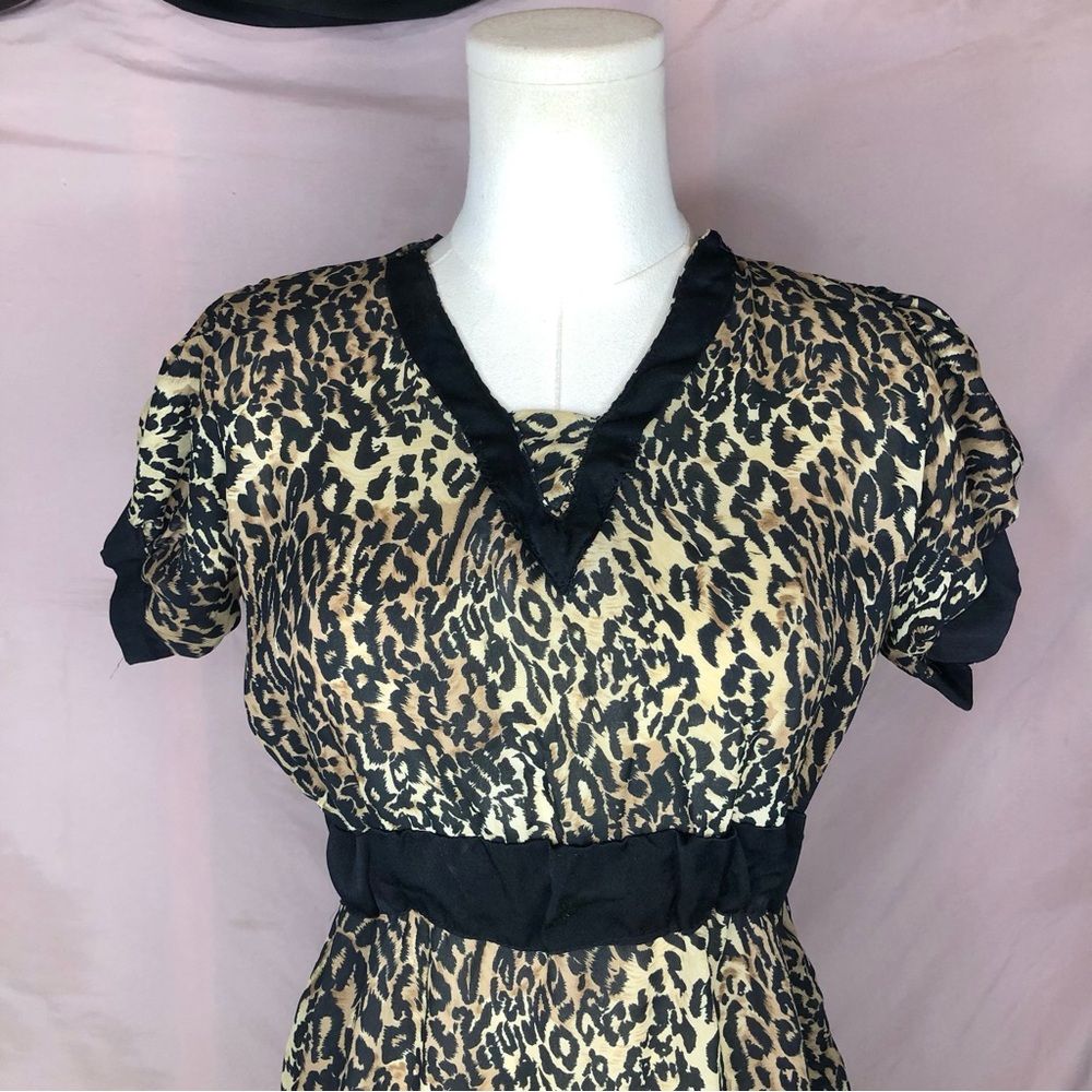 Leopard Print Short Sleeve Mini Dress or Shirt with Black Trim Sheer Size Small - Picture 2 of 8